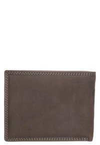 Hnědá kožená peněženka s hladkým povrchem a prošitými okraji, se minimalistickým designem a obdélníkovým tvarem.
