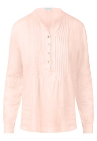 Chemise en lin rose pâle à manches longues avec un col mandarin, des détails de pintucks et une patte de boutonnage comportant quatre boutons. Ourlet arrondi.