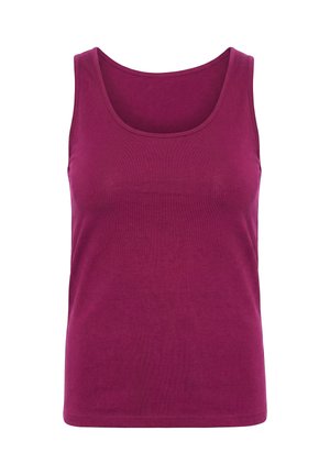 Canotta senza maniche, con scollo rotondo, tinta unita magenta, realizzata in tessuto morbido, mostrata frontalmente su sfondo bianco.