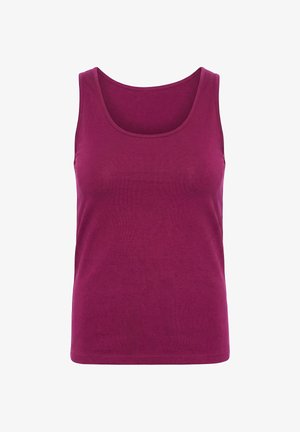 Canotta senza maniche, con scollo rotondo, tinta unita magenta, realizzata in tessuto morbido, mostrata frontalmente su sfondo bianco.