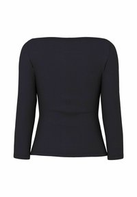 Top nero a maniche lunghe con design aderente, scollo ampio, tessuto liscio e costruzione senza cuciture. Nessun logo o motivo visibile.