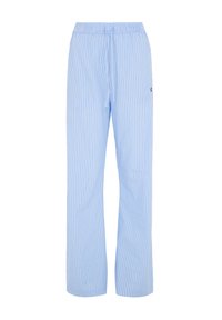 Lichtblauwe gestreepte broek met een elastische tailleband en trekkoord. Gemaakt van een zachte stof, met verticale witte strepen en een comfortabele pasvorm.