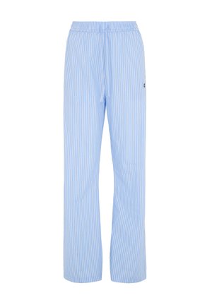 Helle blau gestreifte Hose mit elastischem Bund und Kordelzug. Aus einem weichen Stoff gefertigt, mit vertikalen weißen Streifen und legerem Schnitt.