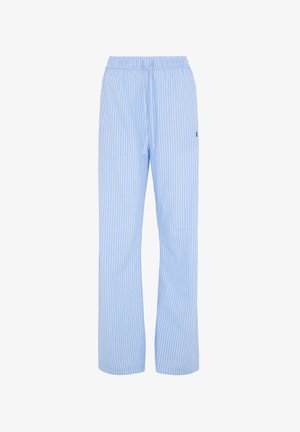 Jasnoniebieskie spodnie w paski z elastycznym paskiem w talii i sznurkiem do regulacji. Wykonane z miękkiego materiału, z pionowymi białymi paskami i luźnym krojem.