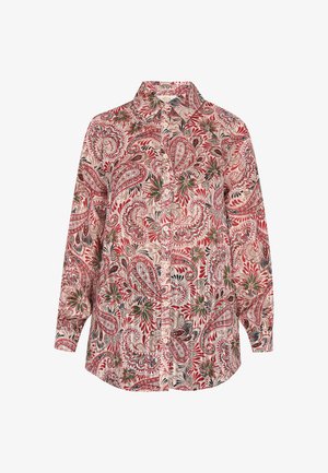 Mygtukų marškiniai su paisley raštu raudonos, žalios ir grietinėlės spalvų. Pagaminti iš lengvos medžiagos, ilgomis rankovėmis ir klasikine apykakle.