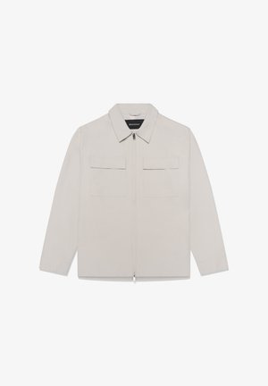 Šviesiai pilka striukė su užtrauktuku, apykakle, kišenėlėmis krūtinės srityje su sagomis ir ilgomis rankovėmis. Pagaminta iš lygaus, tekstūruoto audinio.