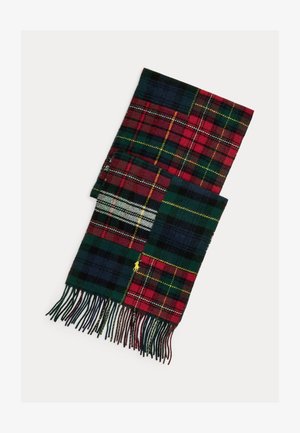 Crveni, zeleni i mornarskoplavi karirani šal od vune, s različitim uzorcima kvadrata i resama na rubovima. Sadrži mali žuti logotip.