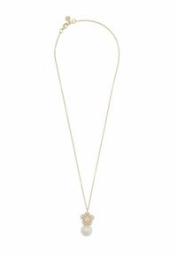 Guldhalsband med en delikat kedja, prytt med en charm i blommönster och en vit pärla i mitten. Elegant och minimalistisk stil.