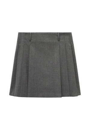 Jupe plissée grise en tissu texturé, avec des rayures verticales, une taille avec passants de ceinture, et une silhouette évasée.