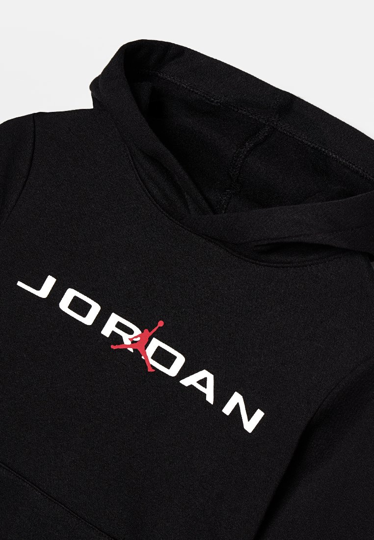 Black hoodie featuring a front kangaroo pocket, a drawstring hood, and bold white "JORDAN" text with a red graphic jumpman logo.