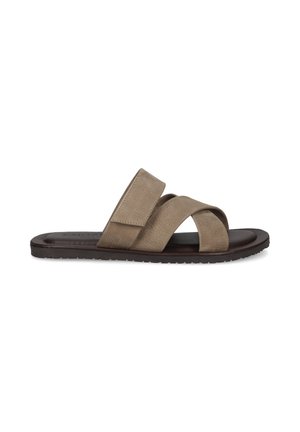 Single brown leather sandal with two wide overlapping straps and a flat rubber sole shown from side view on white background.