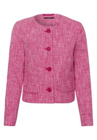 Veste tissée rose avec un motif texturé, encolure ronde et cinq boutons roses sur le devant. Caractérisée par des manches longues et une coupe courte.