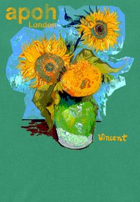 Ilustración vibrante de girasoles en un jarrón verde, con pétalos amarillos brillantes y centros naranjas y marrones, sobre un fondo azul texturizado.