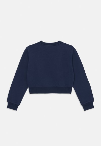 Námornícky modrý krátky sweatshirt s dlhými rukávmi, rebrovanými manžetami a okrúhlym výstrihom. Vyrobený z mäkkej tkaniny, bezšvový dizajn na zadnej strane.