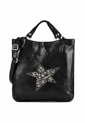 Bolso de mano de cuero negro con doble asa y correa de hombro desmontable, decorado con una gran estrella hecha de tachuelas plateadas y brillantes.