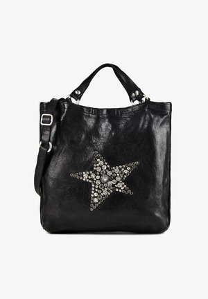 Borsa a mano in pelle nera con doppi manici e tracolla rimovibile, decorata con una grande stella di borchie argento e strass.