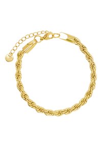 Goldplated, gedrehter Kettenarmreifen mit einem Karabinerverschluss und einer verstellbaren Verlängerungskette zur Größenanpassung. Verfügt über eine glatte, glänzende Oberfläche.