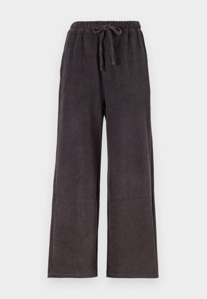 Dunkelgraue Cordhosen mit lockerer Passform, ausgestattet mit einem Kordelzugbund, weitem Bein und vertikaler Rippstruktur.