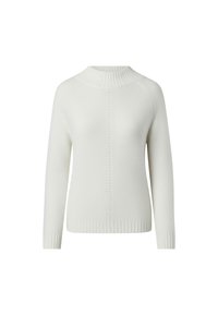 Maglione bianco lavorato a maglia con un alto collo a coste, maniche lunghe a raglan e pannello anteriore testurizzato. Polsini e orlo a coste completano il design.