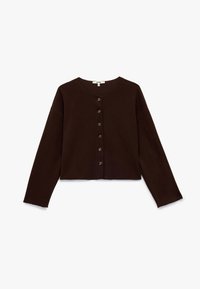 Brun kort cardigan med rund halsringning, långa ärmar och sex framknappar. Mjuk textur och avslappnad passform med minimala sömmar.