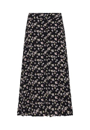 Musta midihame, jossa on edessä napit ja koko hameen kattava pieni kukkakuosi valkoisissa, vaaleanpunaisissa ja keltaisissa sävyissä.