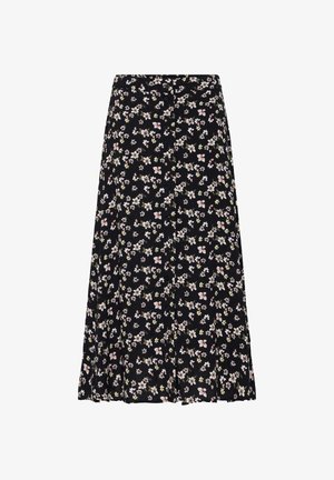 Musta midihame, jossa on edessä napit ja koko hameen kattava pieni kukkakuosi valkoisissa, vaaleanpunaisissa ja keltaisissa sävyissä.