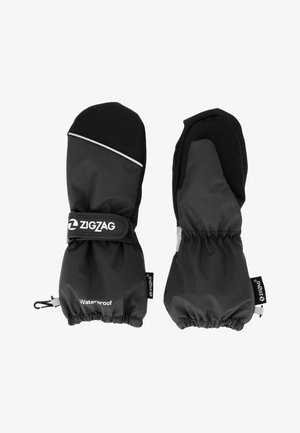 Sorte vandtætte vanter med håndledsremme, elastiske manchetter og Zigzag-mærker på en hvid baggrund.