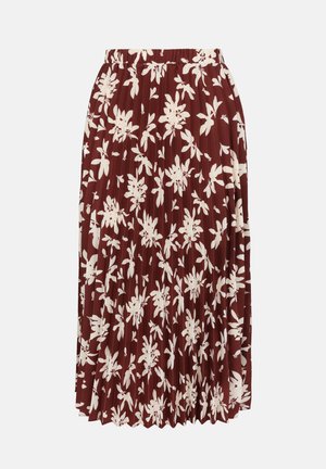 Jupe midi plissée avec imprimé floral blanc sur tissu rouge foncé et taille élastique.