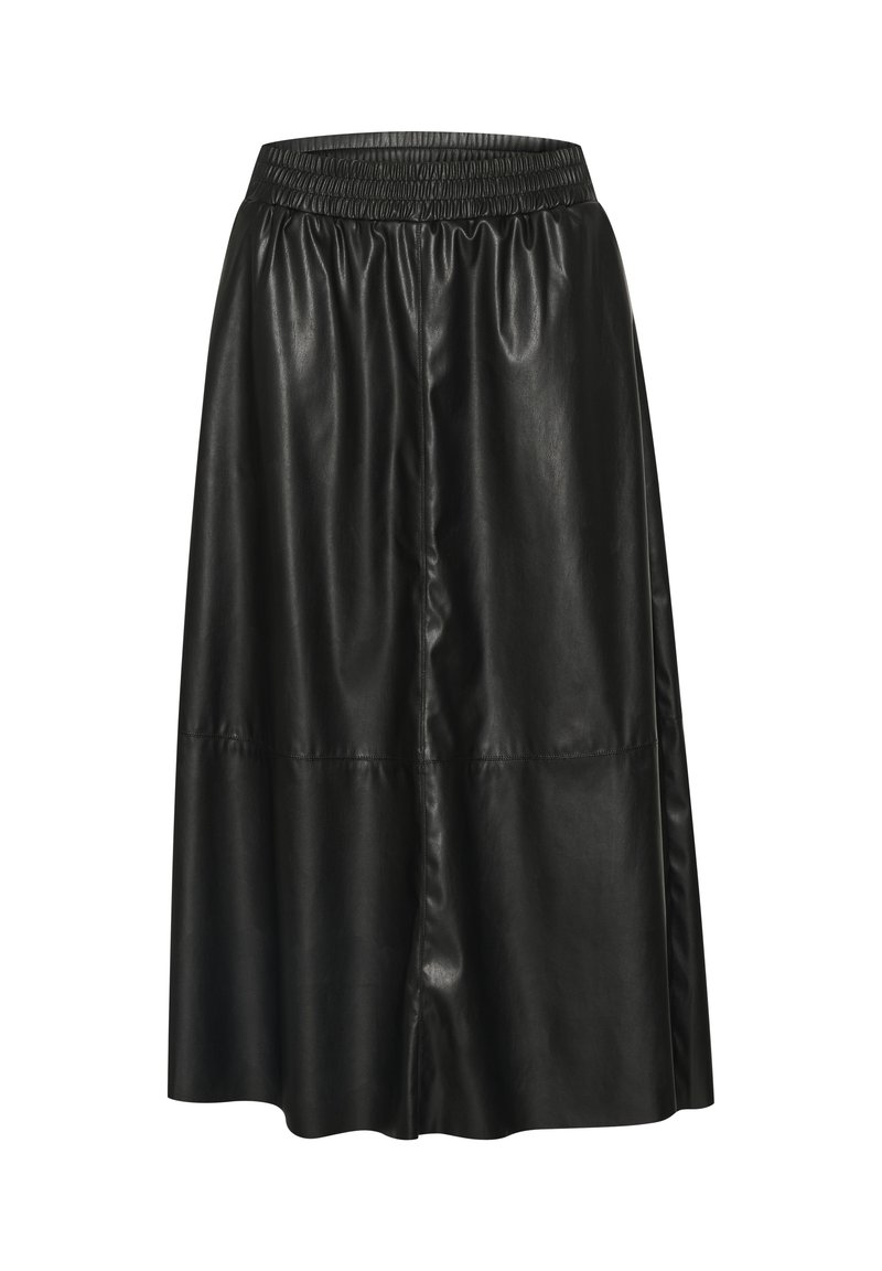 Zwart leren rok met een elastische tailleband, voorzien van een gladde textuur, een lengte tot de knieën en subtiele naaddetails.