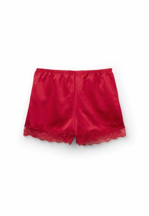 Czerwone satynowe szorty z elastycznym pasem, z ozdobnym koronkowym wykończeniem u dołu. Gładka tekstura z błyszczącym wykończeniem.
