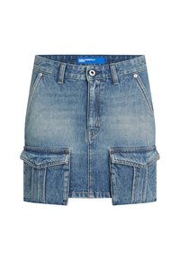Jeansminikjol i ljusblå färg med en urblekt look. Har två stora framfickor och knappstängning framtill. Kan tvättas i maskin.
