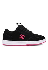 Black suede low-top sneakers feature a pink logo and accents, with a rubber outsole and textured laces for secure fastening.