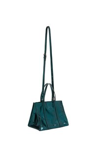 Zöld lakkbőr kézitáska, struktúrált dizájnnal, dupla felső fogantyúval és levehető vállpánttal. Függőleges varrásokkal díszítve.