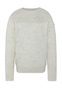 Maglione a maglia grigio chiaro con colletto rotondo, pannello superiore testurizzato e maniche lunghe. Presenta polsini e orlo a costine per un look aderente.