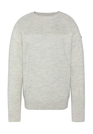 Light gray knitted sweater with a crew neck, textured upper panel, and long sleeves. Features ribbed cuffs and hem for a fitted look.