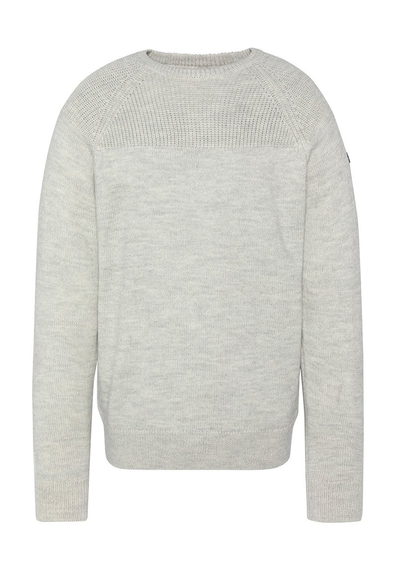 Maglione a maglia grigio chiaro con colletto rotondo, pannello superiore testurizzato e maniche lunghe. Presenta polsini e orlo a costine per un look aderente.