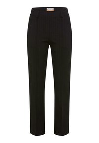 Zwarte pinstripe broek met een gladde textuur, voorzien van een middelhoge tailleband, subtiele zakdetails en een klassieke rechte pasvorm.