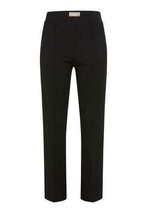 Schwarze Nadelstreifen-Hosen mit glatter Textur, versehen mit einem mittelhohen Bund, subtilen Taschendetails und einem taillierten, geraden Schnitt.