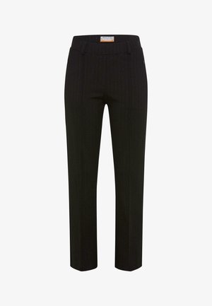 Zwarte pinstripe broek met een gladde textuur, voorzien van een middelhoge tailleband, subtiele zakdetails en een klassieke rechte pasvorm.