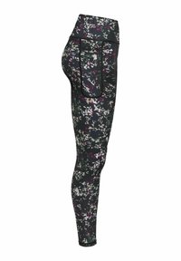 Höga leggings i ett svart, grönt och rosa blommönster med en slät textur och en fickdetalj på sidan.