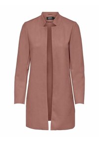 Dlouhá otevřená bunda v měkké růžové tkanině. Má vysoký límec, rovný střih a boční kapsy. Hladká textura s minimálními detaily.