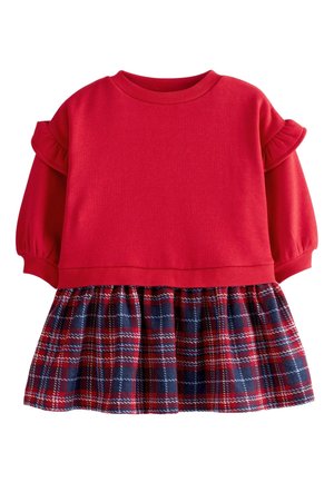 Vestido rojo para niño pequeño con mangas largas fruncidas y una falda de cuadros azul, rojo y blanco unida a la cintura.