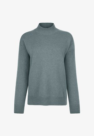 Hellblau-grüner Pullover mit einem gerippten Stehkragen, langen Ärmeln und gerippten Bündchen. Weiche Textur und lockere Passform.