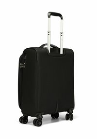 Valigia nera con esterno in tessuto testurizzato, manico retrattile, quattro ruote girevoli e lucchetto a combinazione laterale.