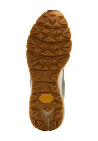 Vibram-kuminen ulkopohja, jossa on ruskea väri, kolmiomainen kuviointi ja kohotettu pinta, joka parantaa pitoa ja tarttuvuutta.