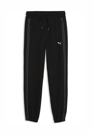 Pantalon de survêtement noir Puma avec ceinture élastique et cordon, bandes blanches sur les côtés et logo Puma sur la cuisse gauche.