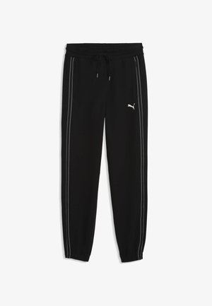 Sorte Puma joggingbukser med elastisk taljebånd og snøre, hvide sidelister og Puma-logo på venstre lår.