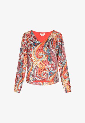 Zgornji del s dolgimi rokavi z V-izrezom v barvitem vzorcu paisley, ki vključuje rdeče, modre in rumene odtenke na lahkem materialu z gladko teksturo.