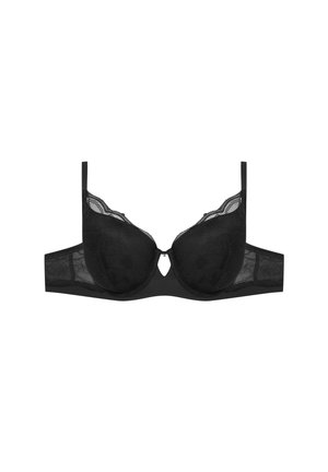 Black lace underwire bra with padded cups, floral pattern, smooth straps, and a small keyhole detail at the center. Textured sides.