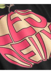 Black fabric featuring a large graphic design of a stylized apple with pink and beige colors, outlined in black, showcasing bold lettering.